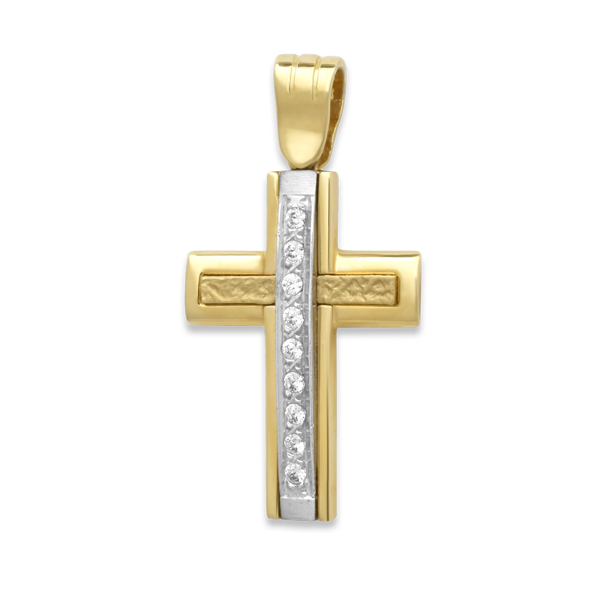 Γυναικείος χρυσός σταυρός σε διχρωμία Κ14 με πέτρες ζιργκόν XT14